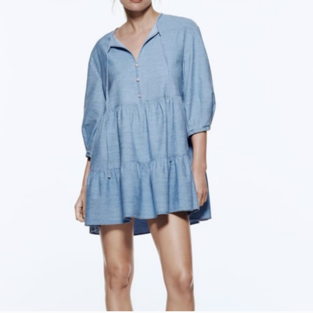 Zara Women's Relaxed Tiered Chambray Mini Dress Pullover Tie Front Size M